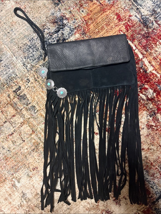 Topshop Handbags - Black Fringe Leather Wristlet Clutch with Turquoise charm